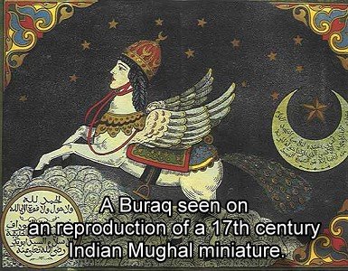 image: A Buraq seen on an reproduction of a 17th century Indian Mughal miniature.