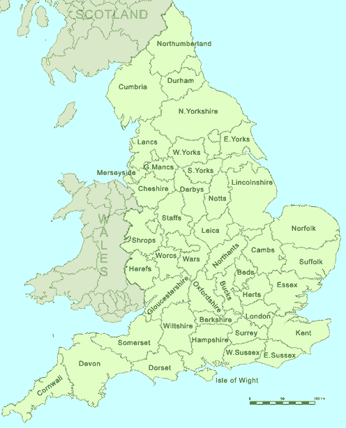 Map showing the counties of England