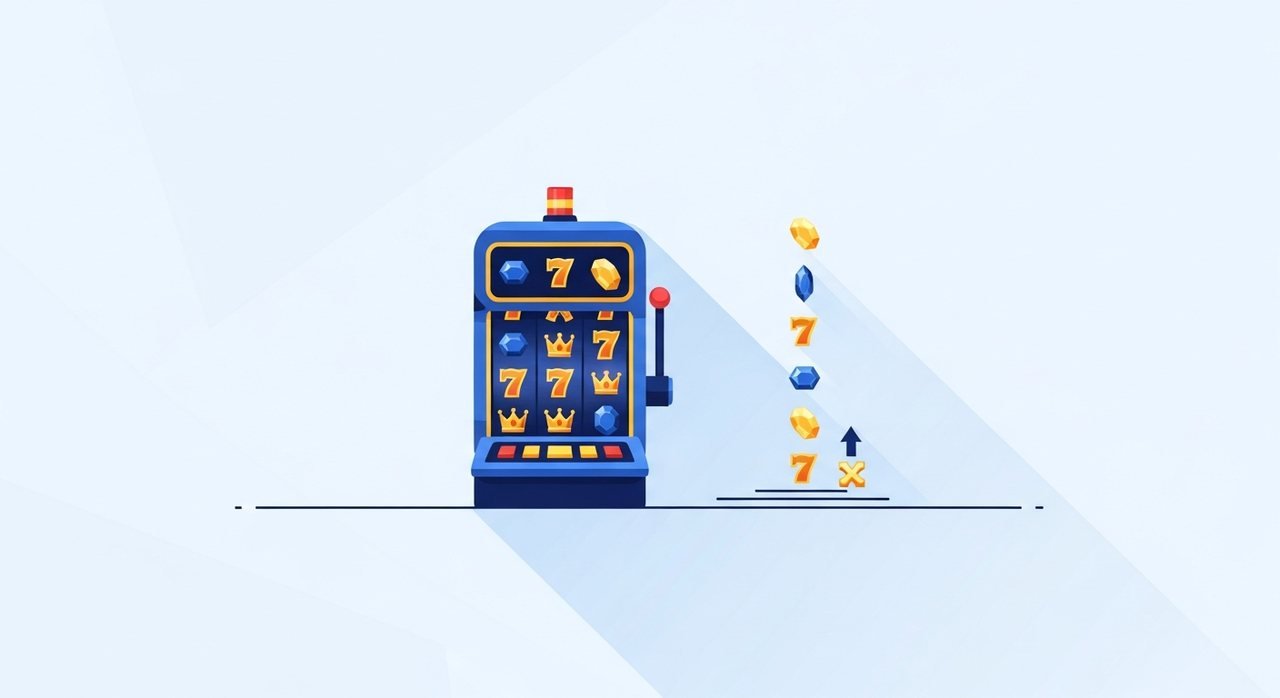 Illustration of a Megaways slot machine with cascading gold symbols and a multiplier arrow