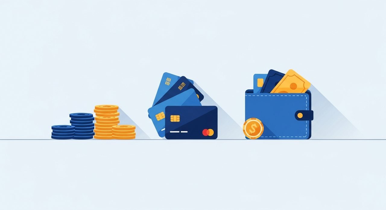 Illustration of bank cards and coins for online casino payments